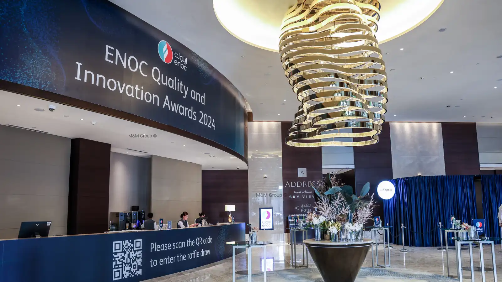 Event registration and guest reception area for ENOC Quality and Innovation Awards 2024 at Address Sky View Dubai
