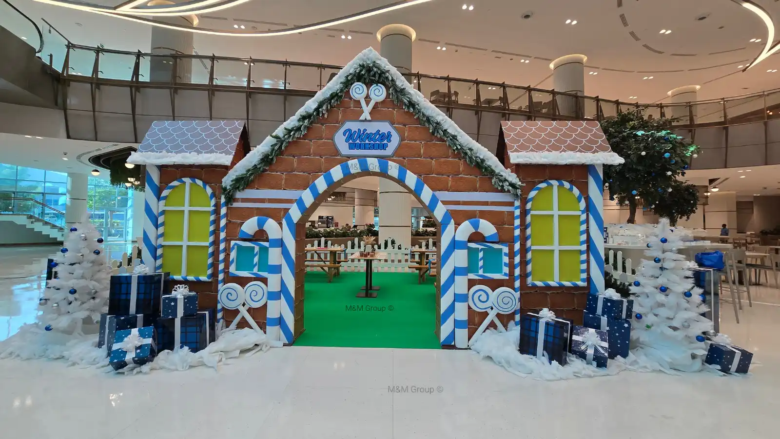DAFZ Winter Festival workshop house setup with winter décor, gift boxes, and activity tables in Dubai